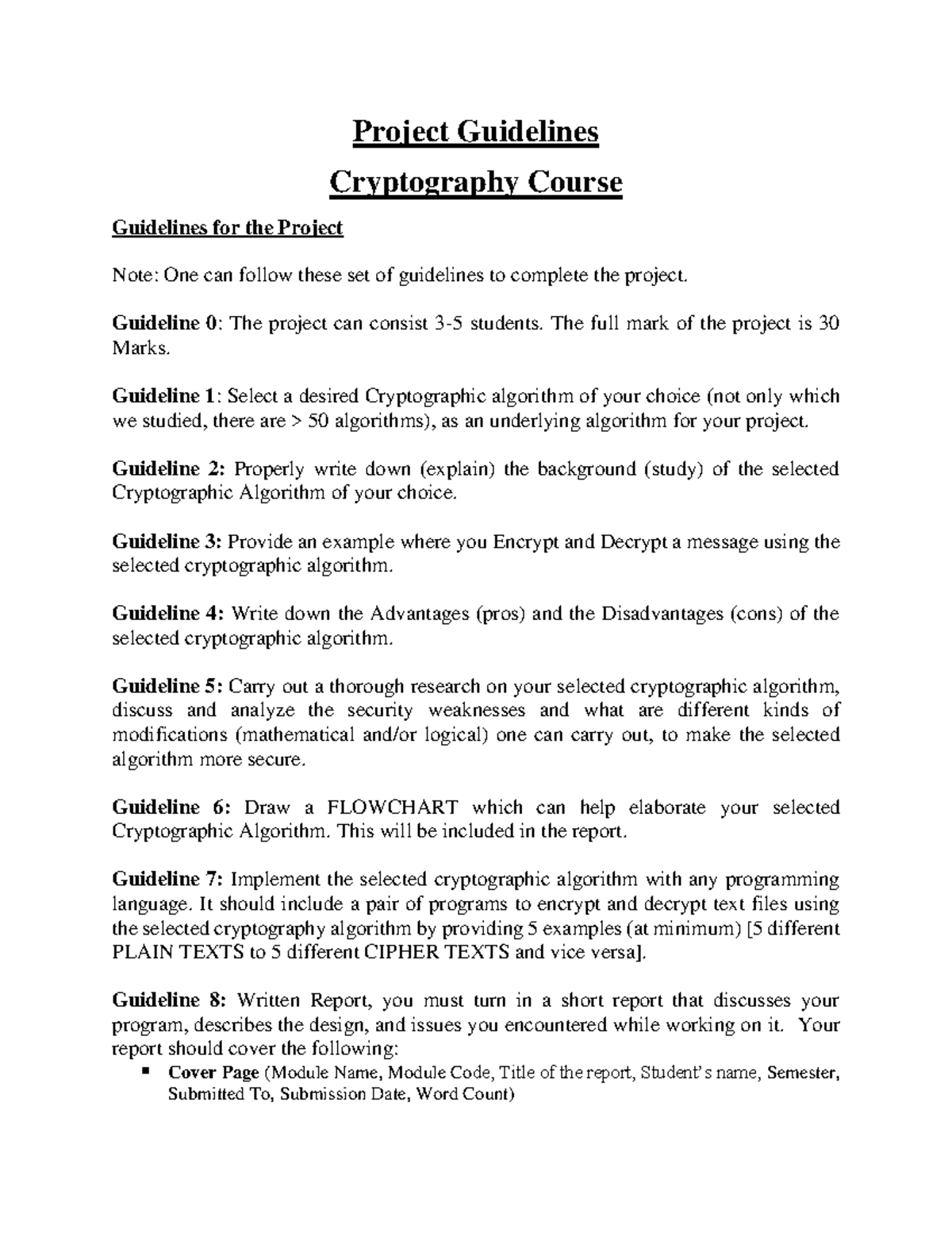 Project Guidelines for Cryptography (CS101 - Group Project) - Studocu