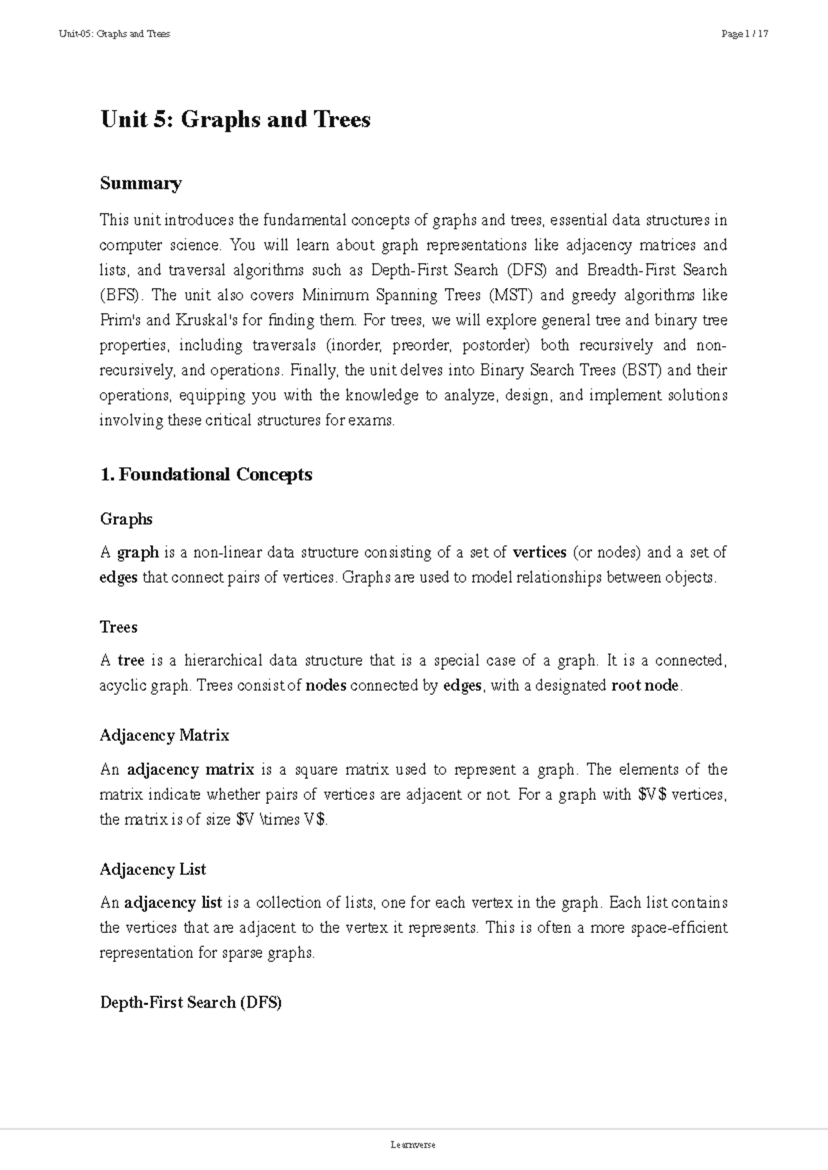 Unit 5: Summary of Graphs and Trees Concepts and Algorithms - Studocu