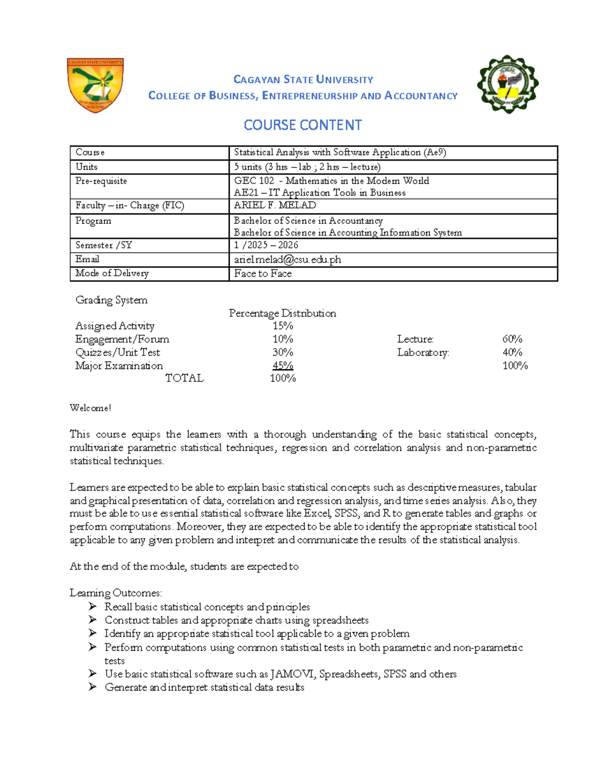 SASA 2025 Course Content: Statistical Analysis with Software ...