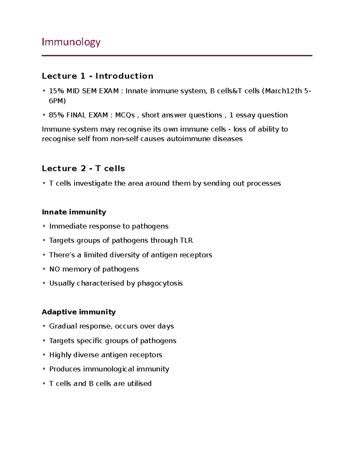 Immunology (1&2) Lecture Notes: Focus on T Cells and Immune Response ...