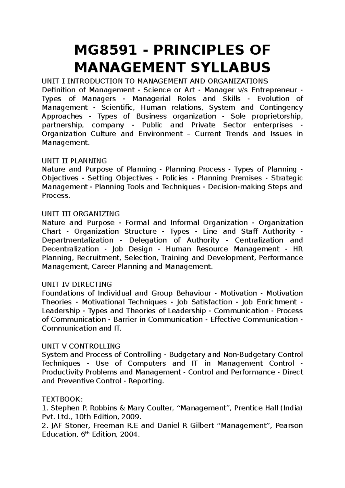 MG8591 - Comprehensive Notes on Principles of Management for POM - Studocu