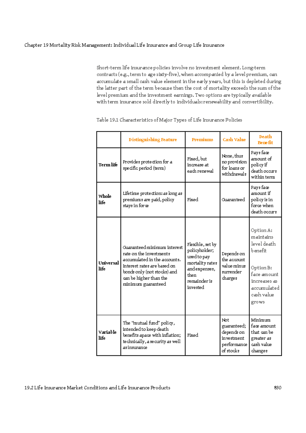 Chapter 19: Mortality Risk Management in Life Insurance (FIN 12345 ...