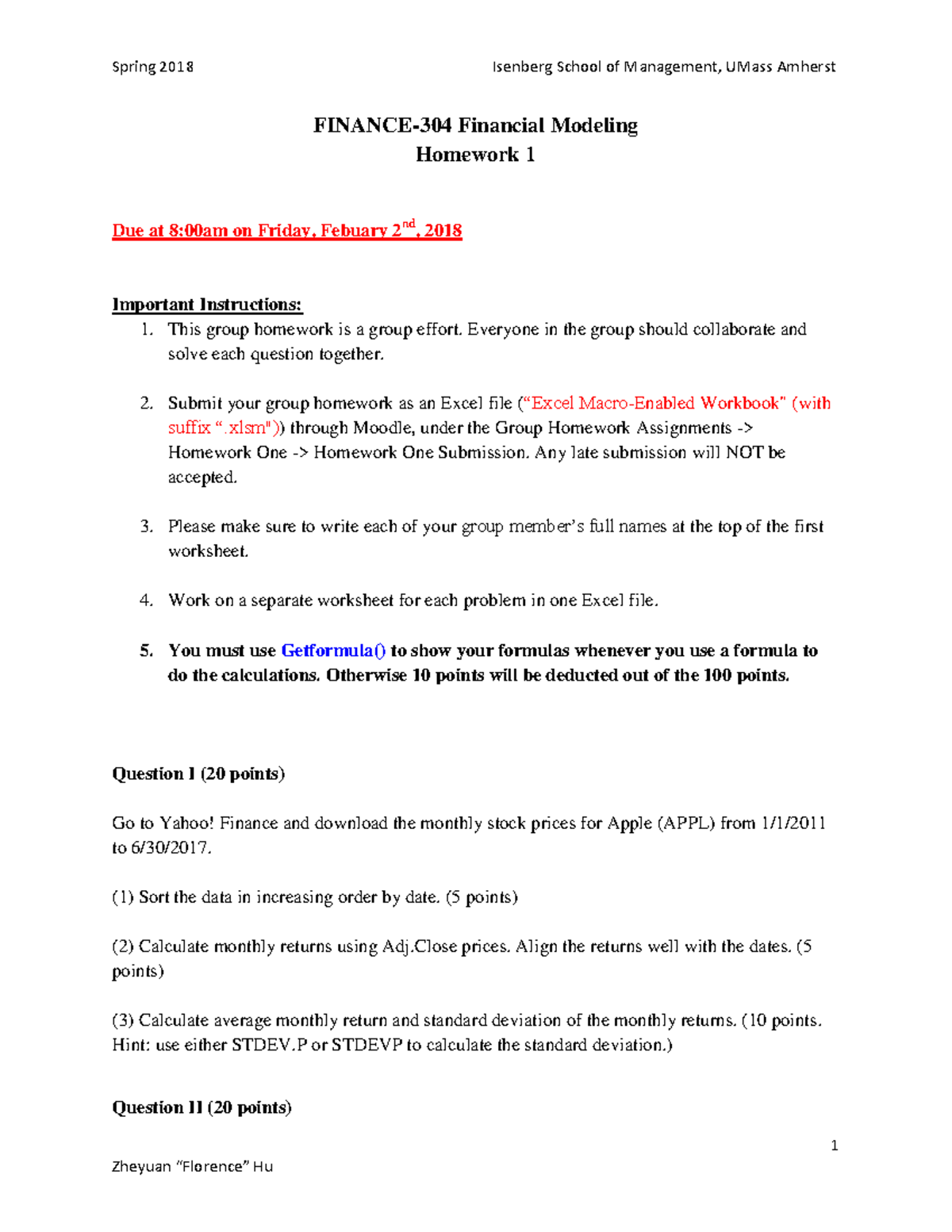 Financial Modeling Homework 1 - Group Assignment Instructions - Studocu