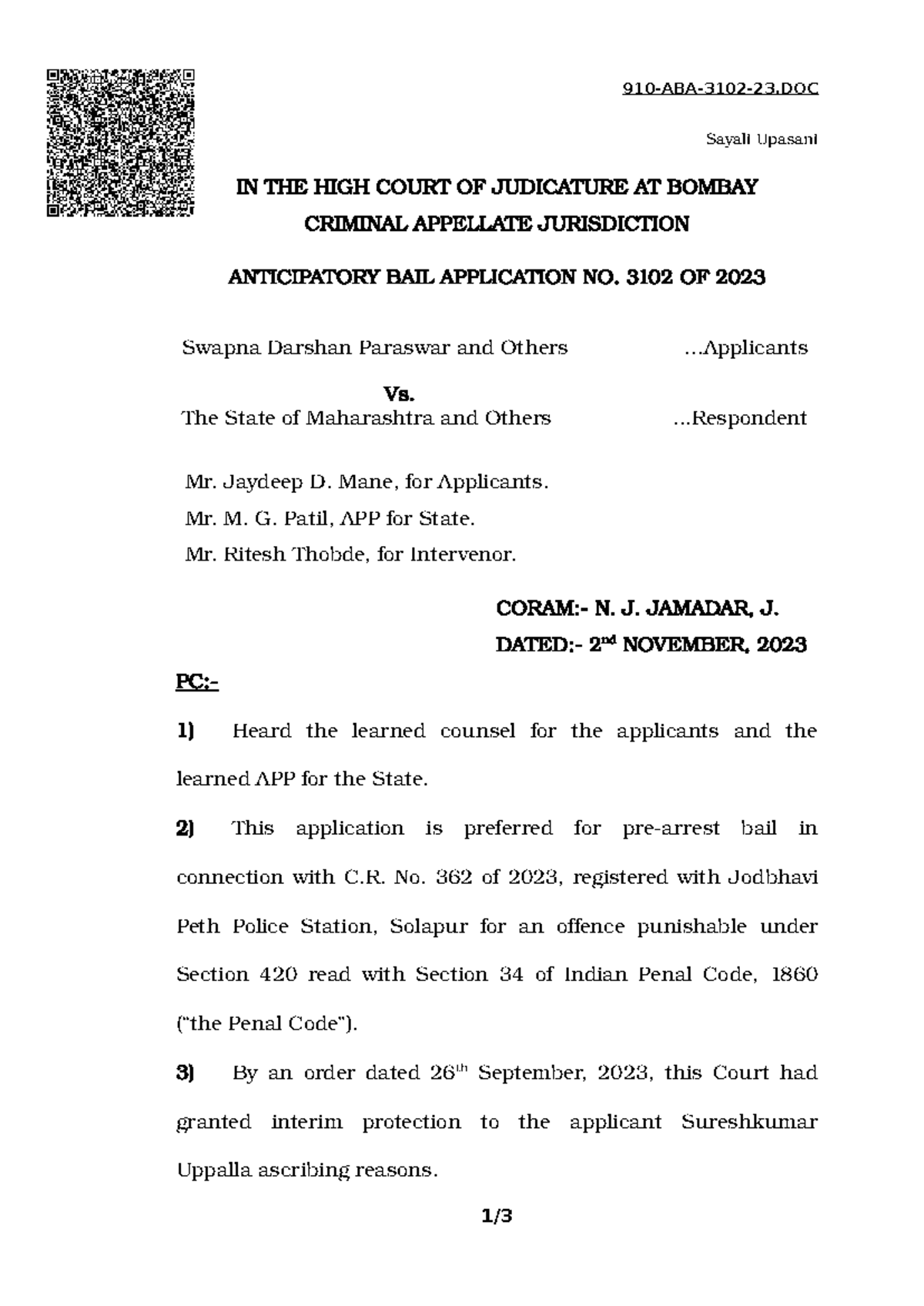 Picture Idea: Anticipatory Bail Application No 3102 Of 2023