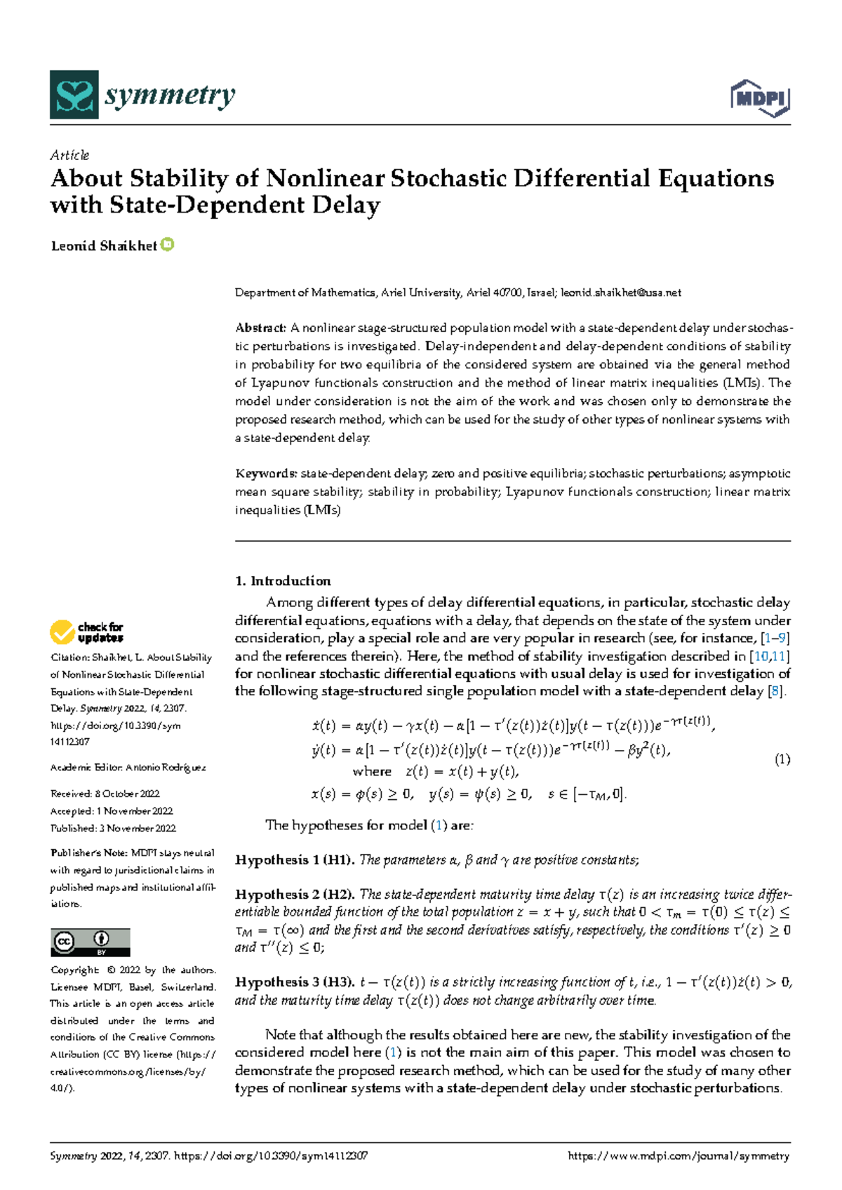 SSAS 2022: Stability of Nonlinear Stochastic Differential Equations ...