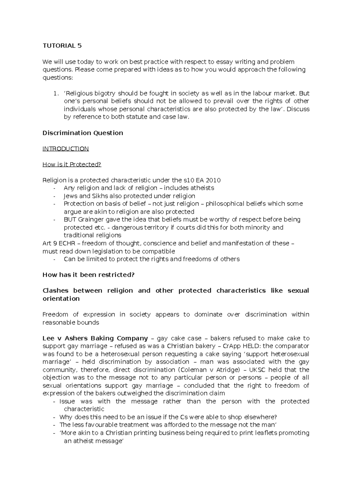 Employment Law Tutorial 5: Essay Writing & Discrimination Analysis ...