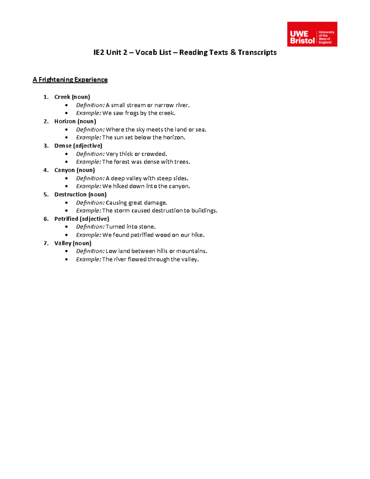 IE2 Unit 2 Vocabulary List: Key Terms and Definitions - Studocu