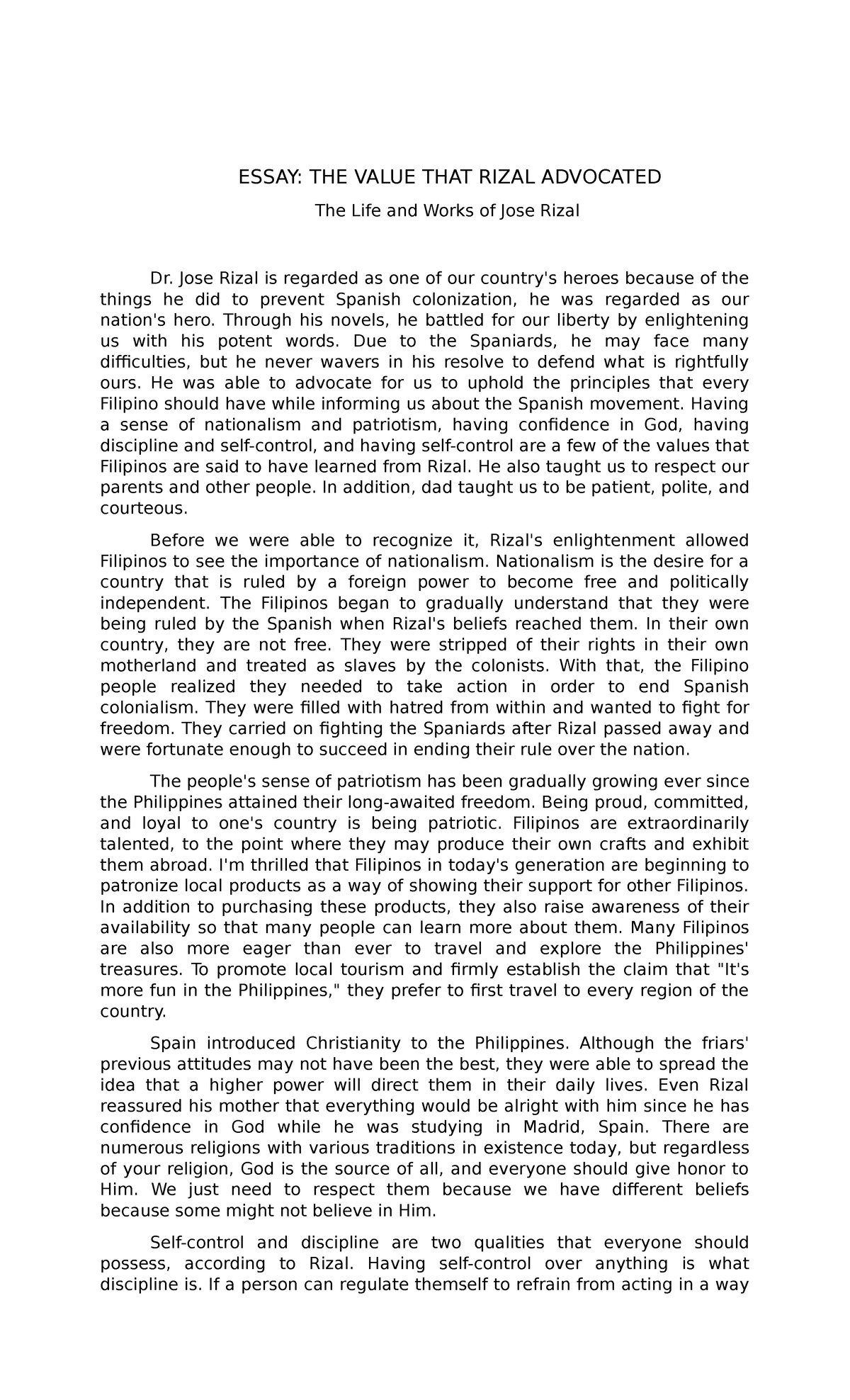 GE-9: Essay on the Values Advocated by Jose Rizal - Studocu