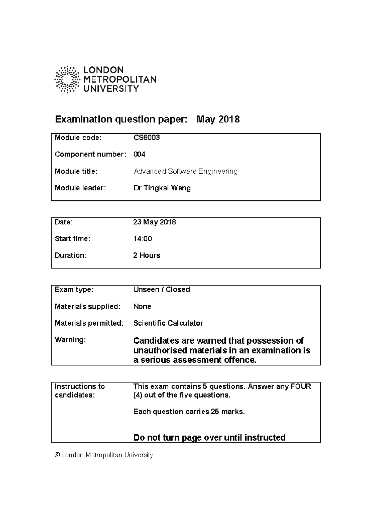 CS6003 May 2018 Advanced Software Engineering Exam Questions - Studocu