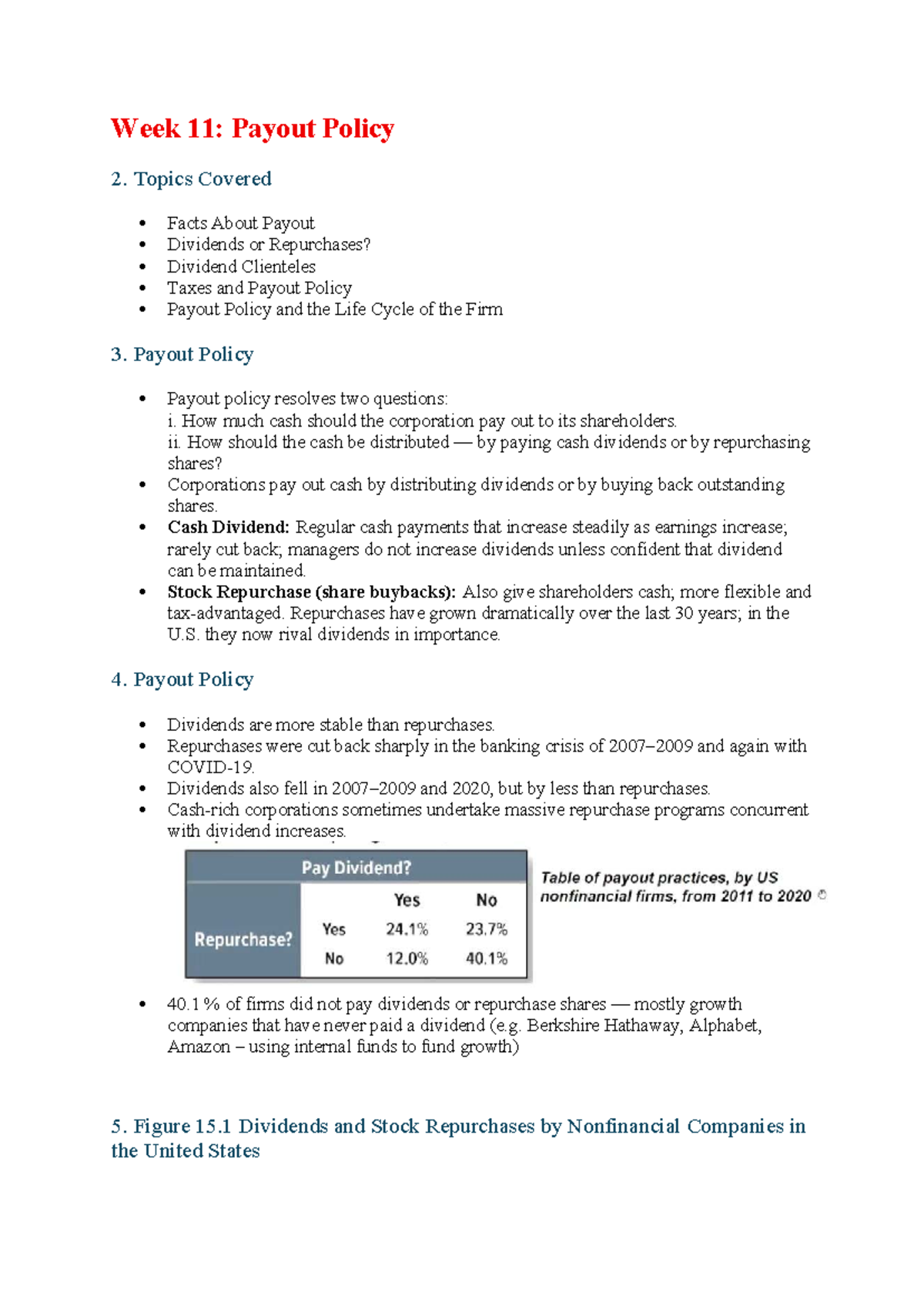 Payout Policy Notes: Week 11 Overview and Key Concepts - Studocu