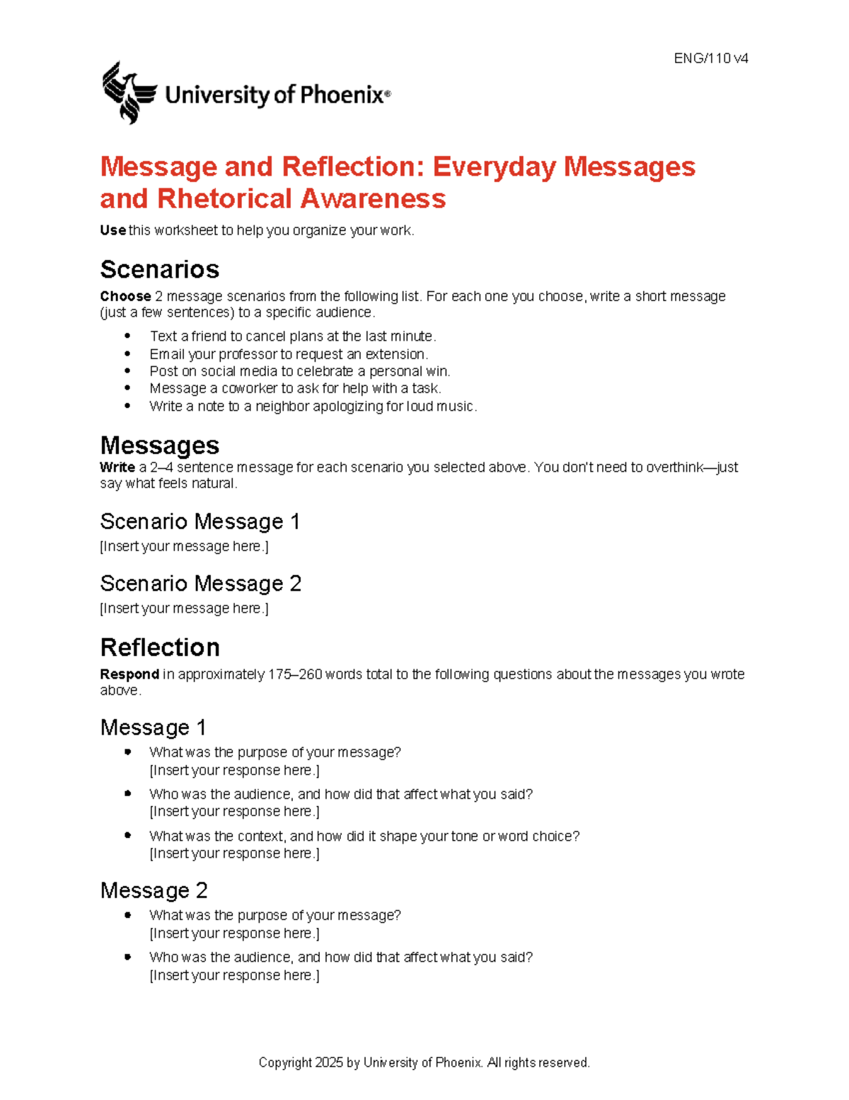 ENG110 v4 Week 1: Message Scenarios & Reflection on Rhetorical ...