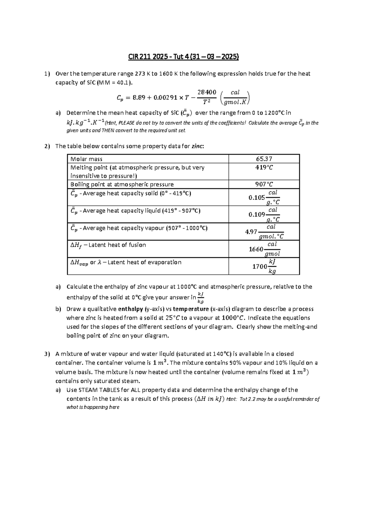 Picture of CIR 211 2025 Tut 4: Heat Capacity & Enthalpy Calculations - Studocu