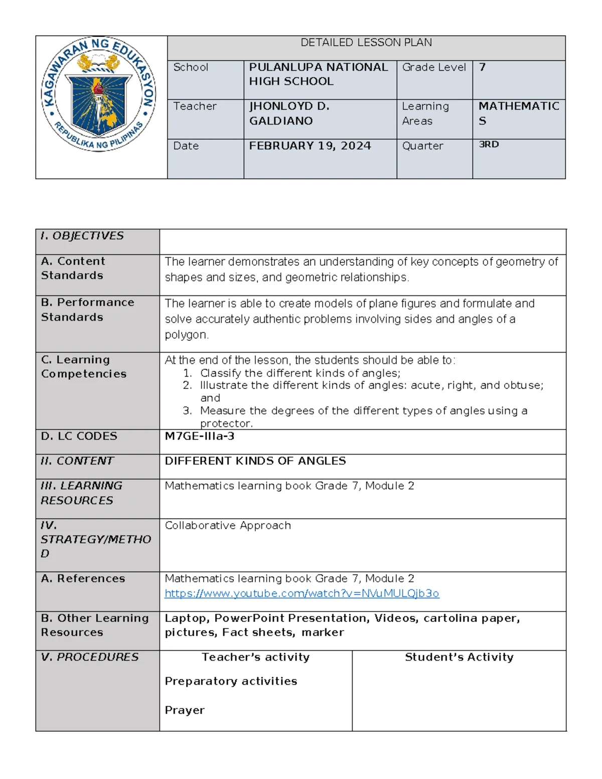 Detailed Science Lesson Plan for Grade 10 - Plate Tectonics Concepts ...
