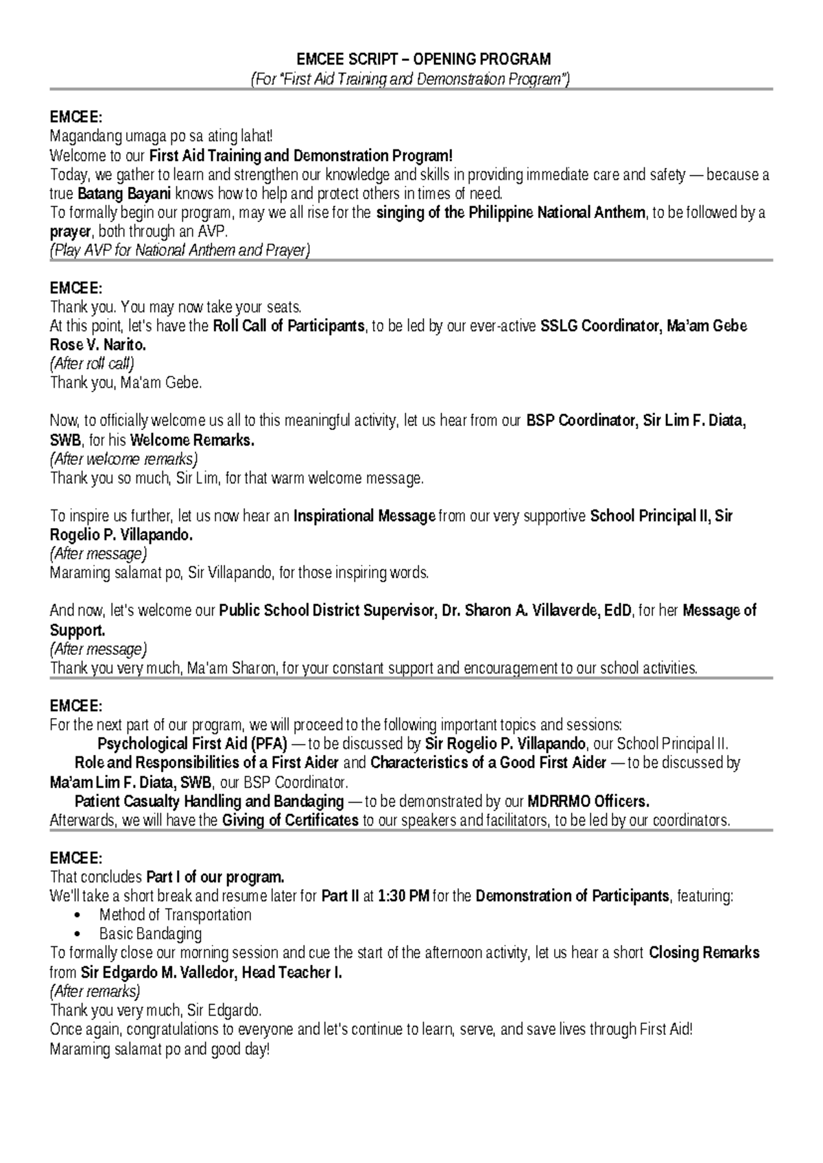 EMCEE SCRIPT FOR FIRST AID TRAINING 2025 - Studocu