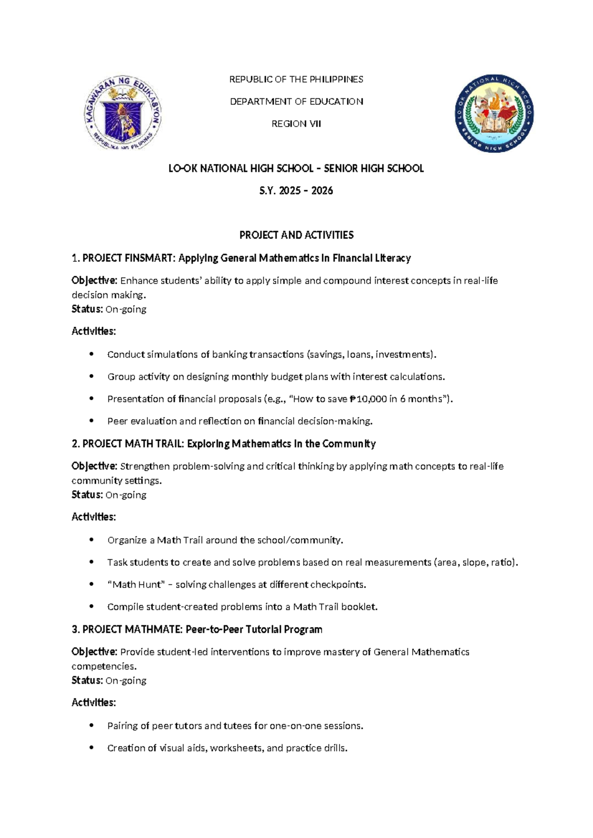 MATH Programs & Projects for Senior High School S.Y. 2025-2026 - Studocu