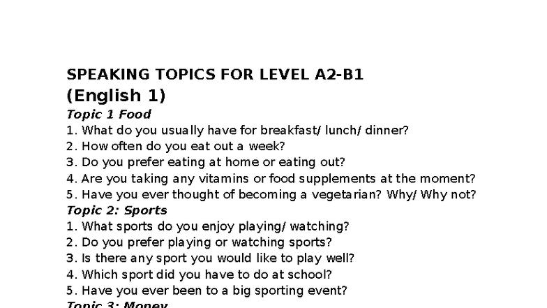 Speaking Topics for English 1 (A2 Level) - Studocu