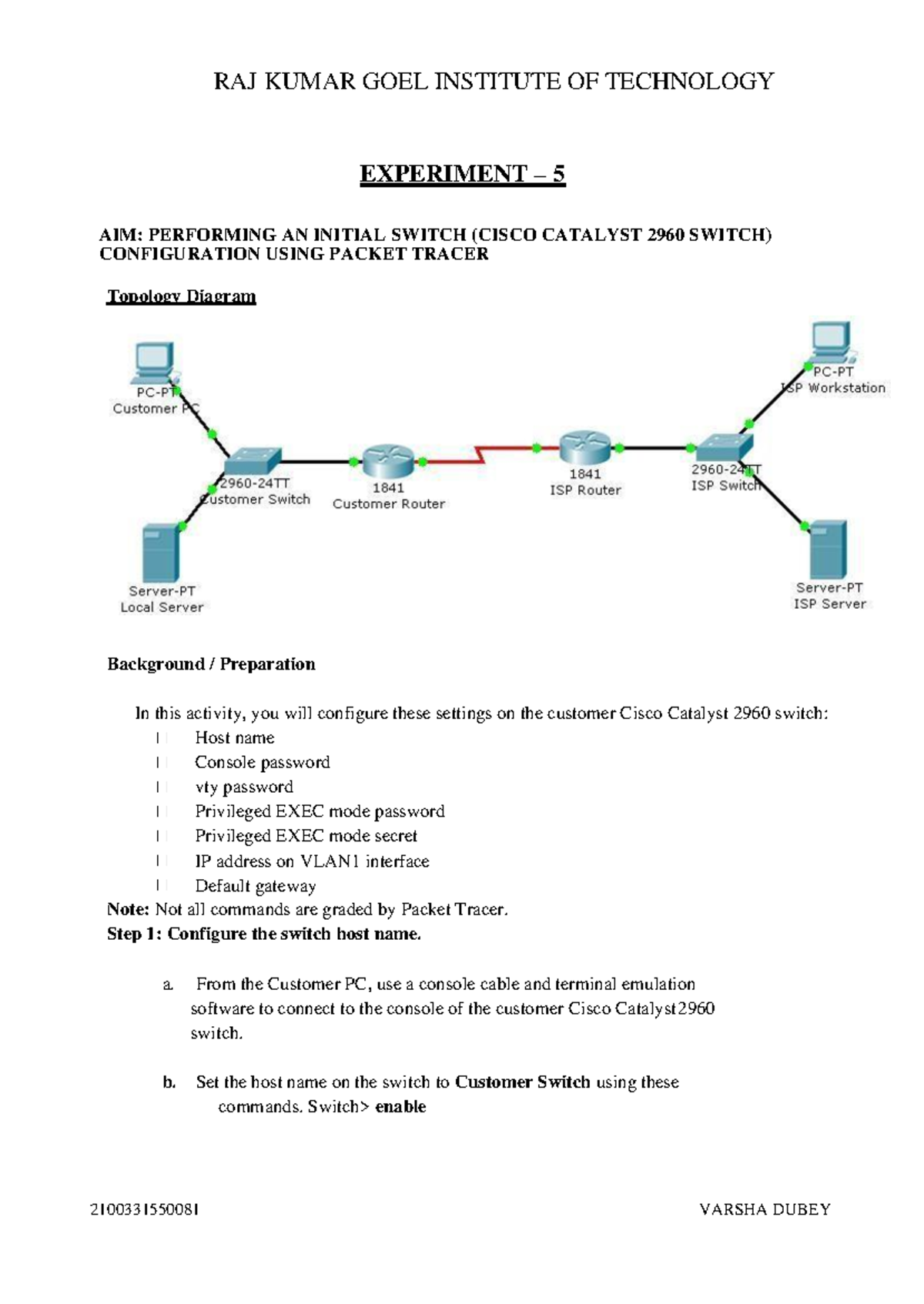 CN Experiment 5 - Configuring Cisco Catalyst 2960 Switch - Studocu