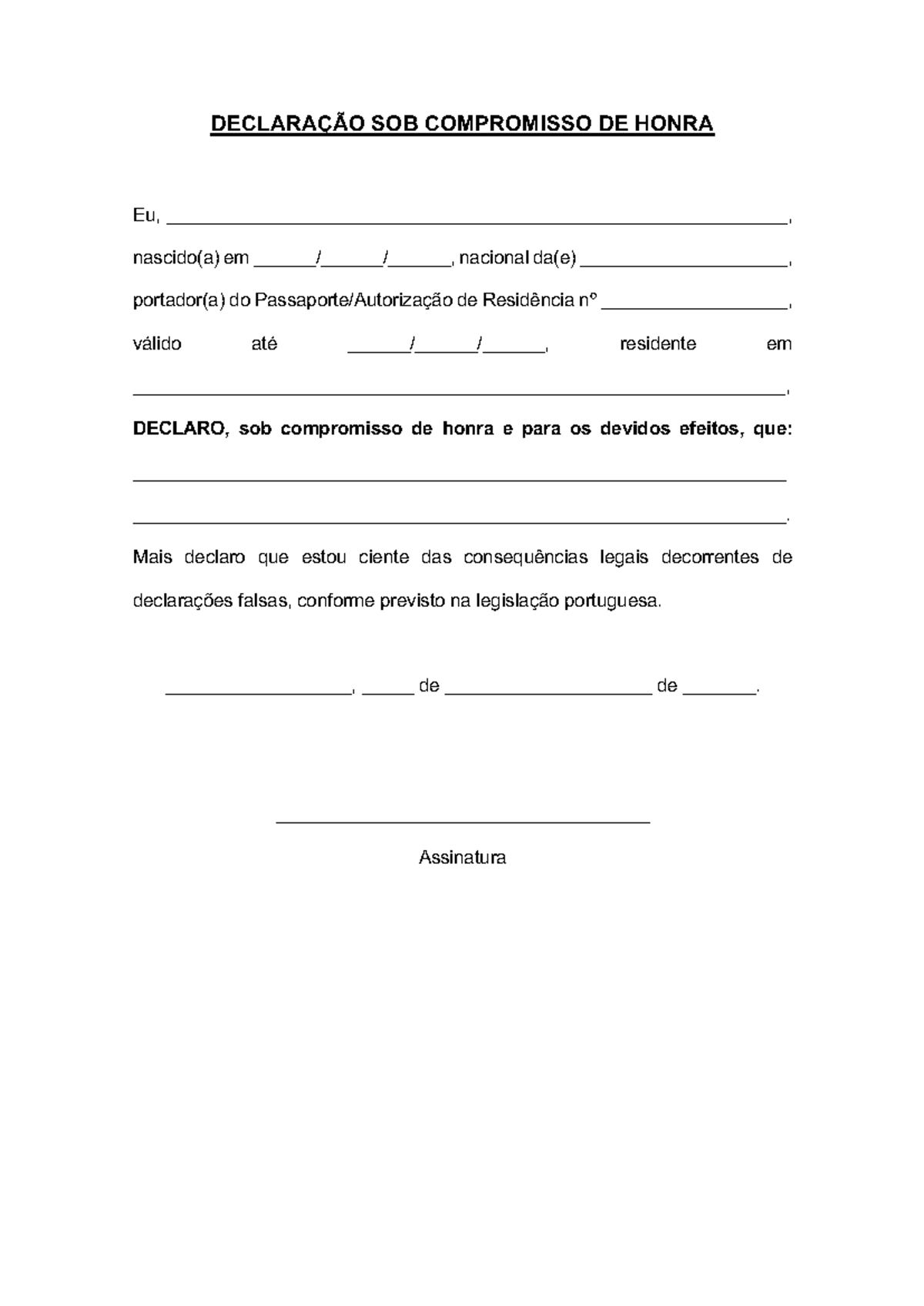 Declarac a o Sob o Compromisso de Honra para imigrantes - DECLARAÇÃO ...