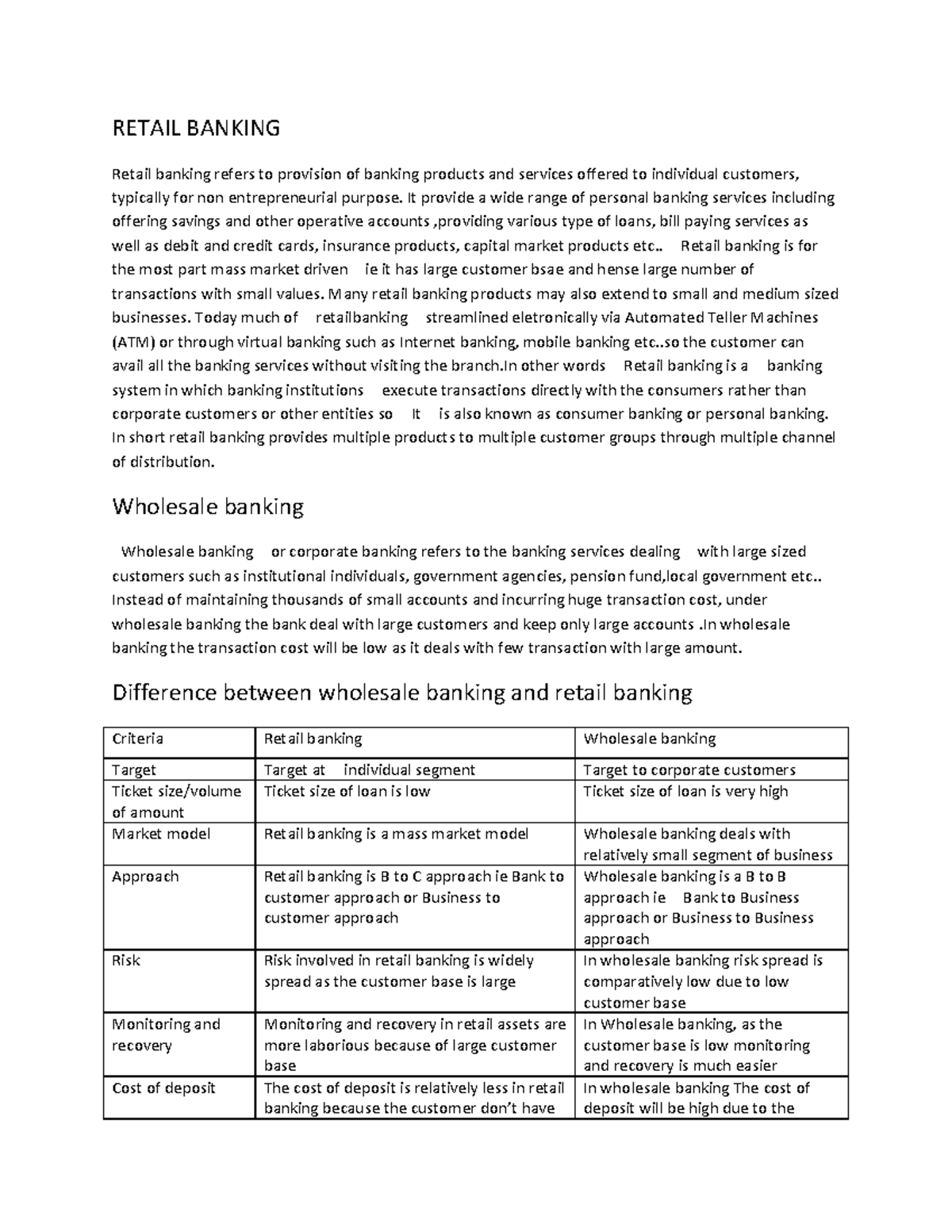 Retail Banking - Lecture Notes on Key Concepts and Differences - Studocu