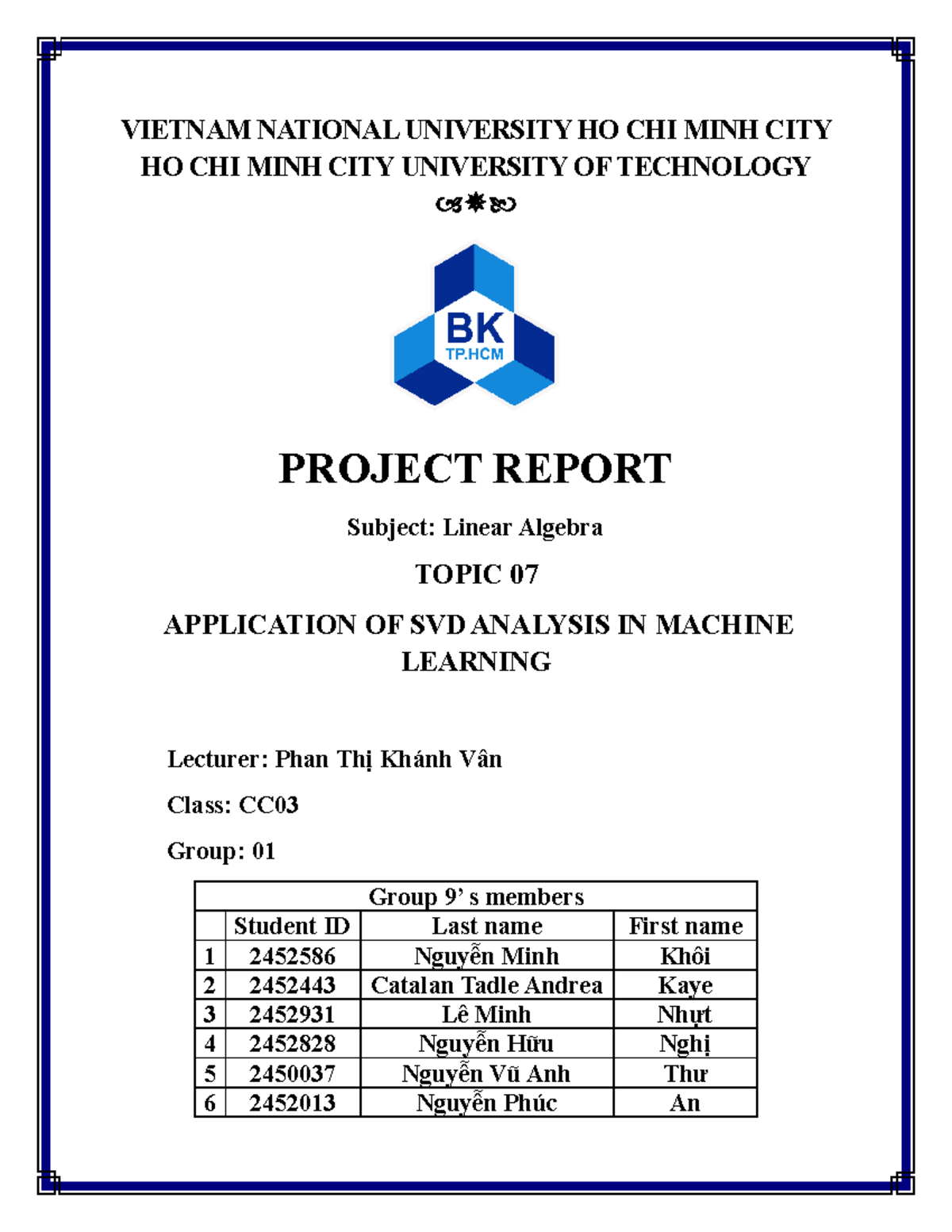 Application of SVD in Machine Learning - CC03 Group 01 Report - Studocu
