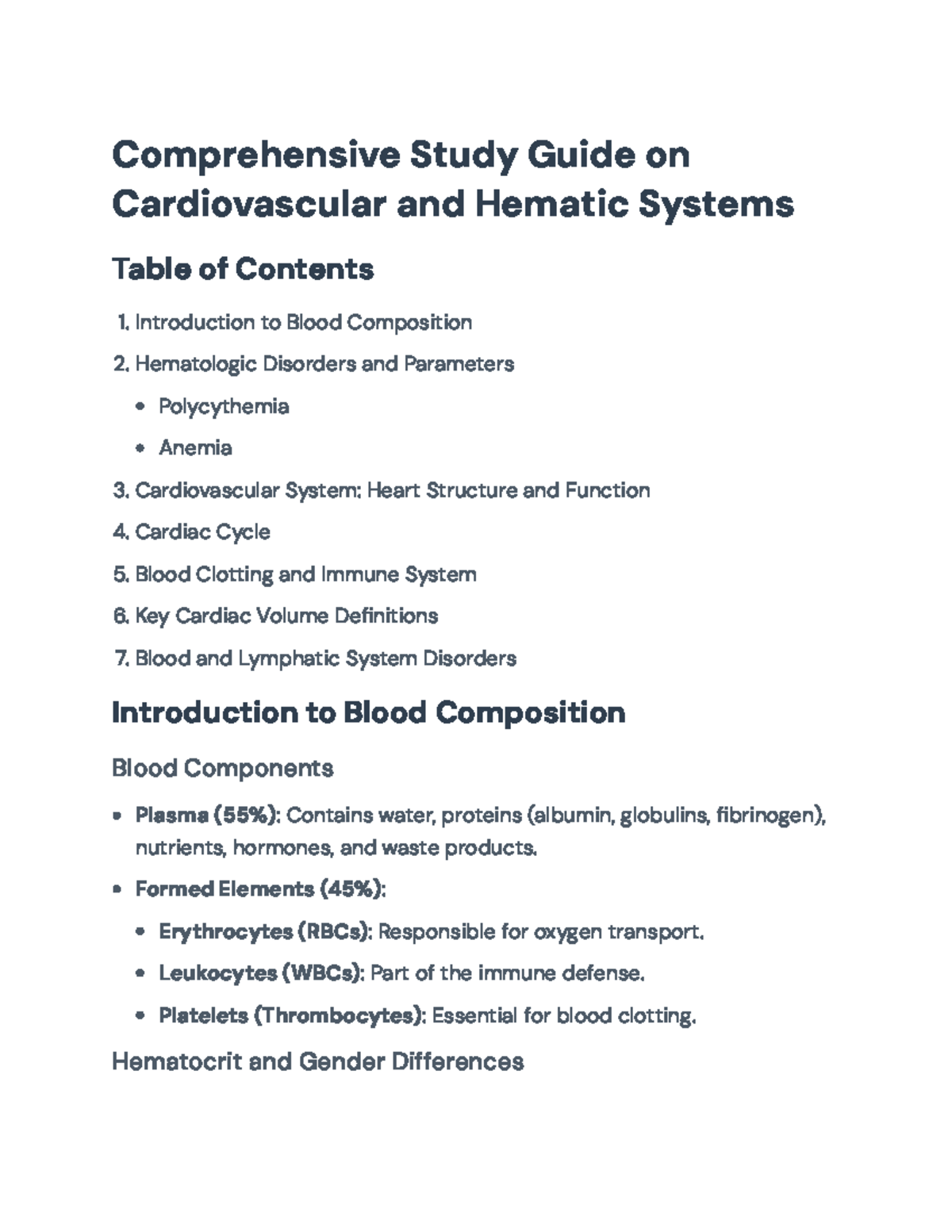 Comprehensive Study Guide on Cardiovascular & Hematic Systems - Blood ...