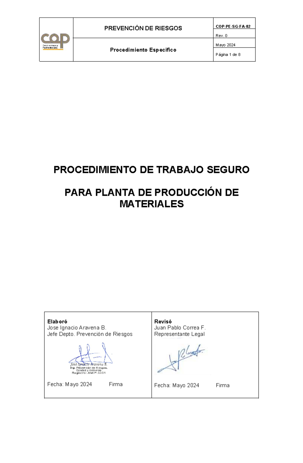 Procedimiento Específico de Prevención de Riesgos en Planta de ...