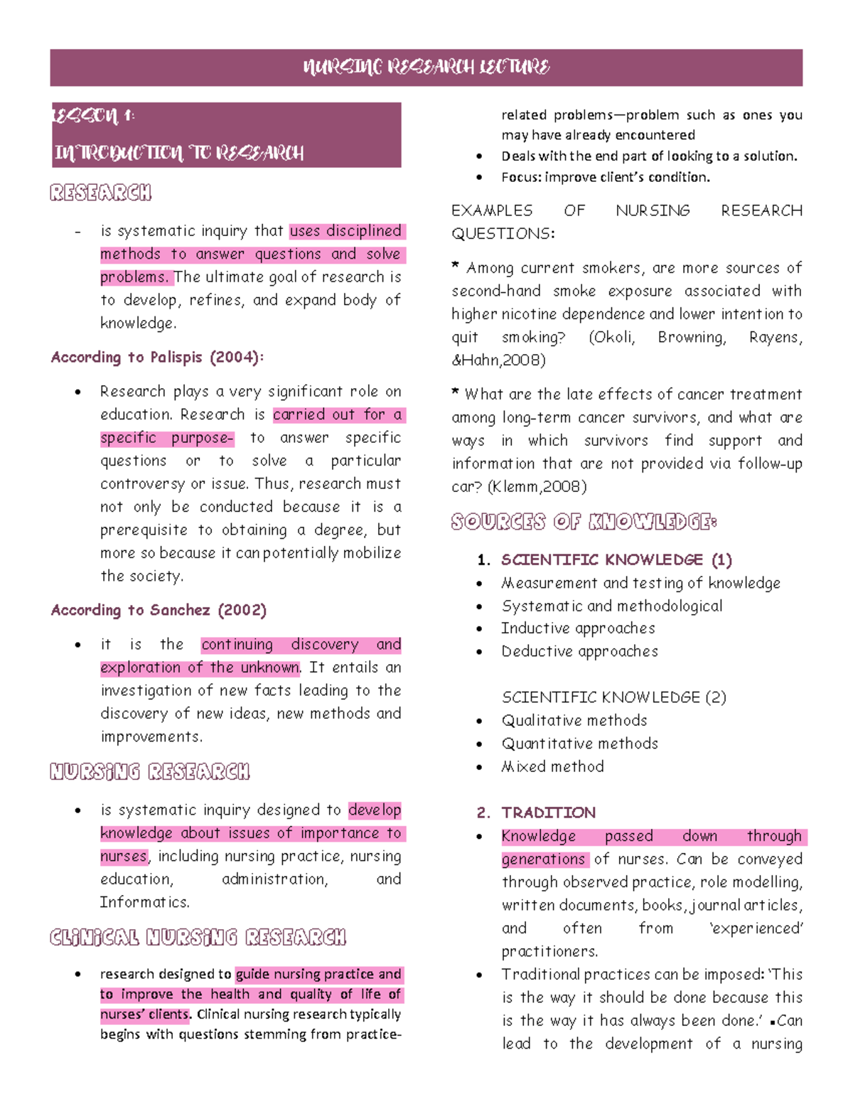 NURSING RESEARCH LECTURE 1: INTRODUCTION TO NURSING RESEARCH - Studocu