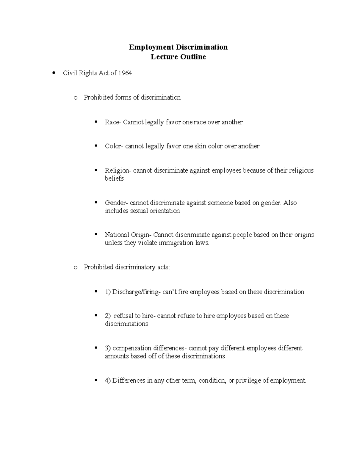 Employment Discrimination Lecture Outline - Employment Discrimination ...