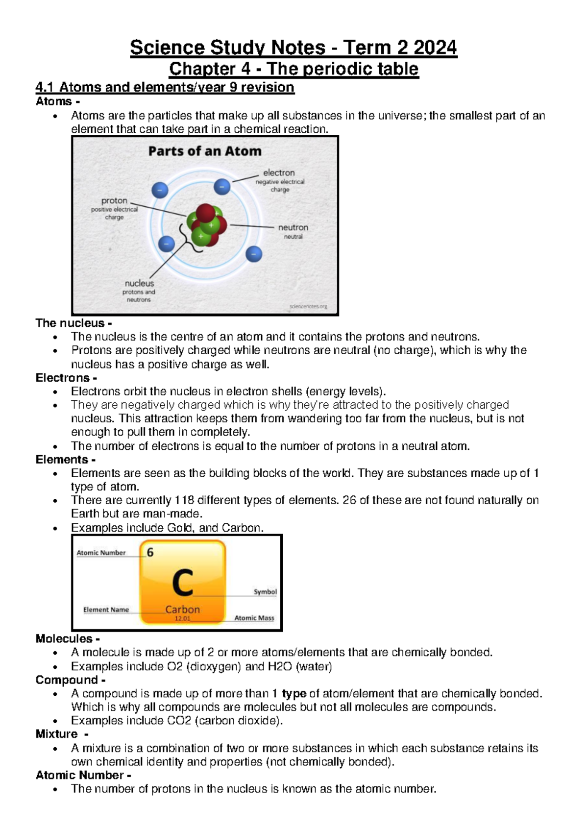 Science Study Notes Term 2 2024: Chapter 4 - The Periodic Table - Studocu