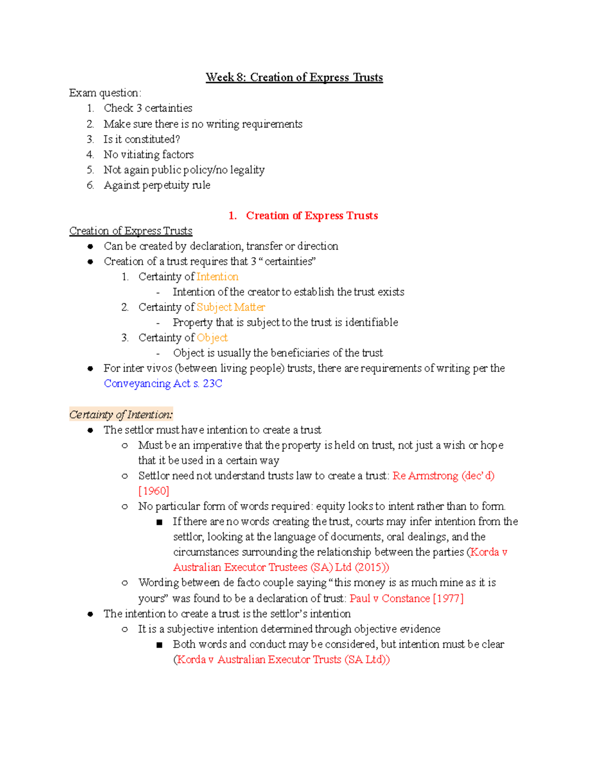 Week 8: Exam Practice on Creation of Express Trusts and Certainties ...