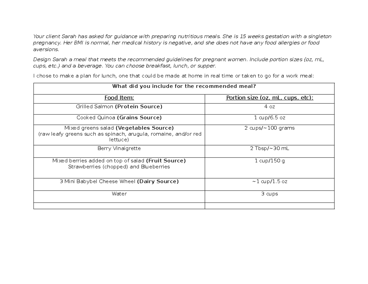 MyPlate Meal Plan for Pregnant Client - Mother Baby Assignment - Studocu