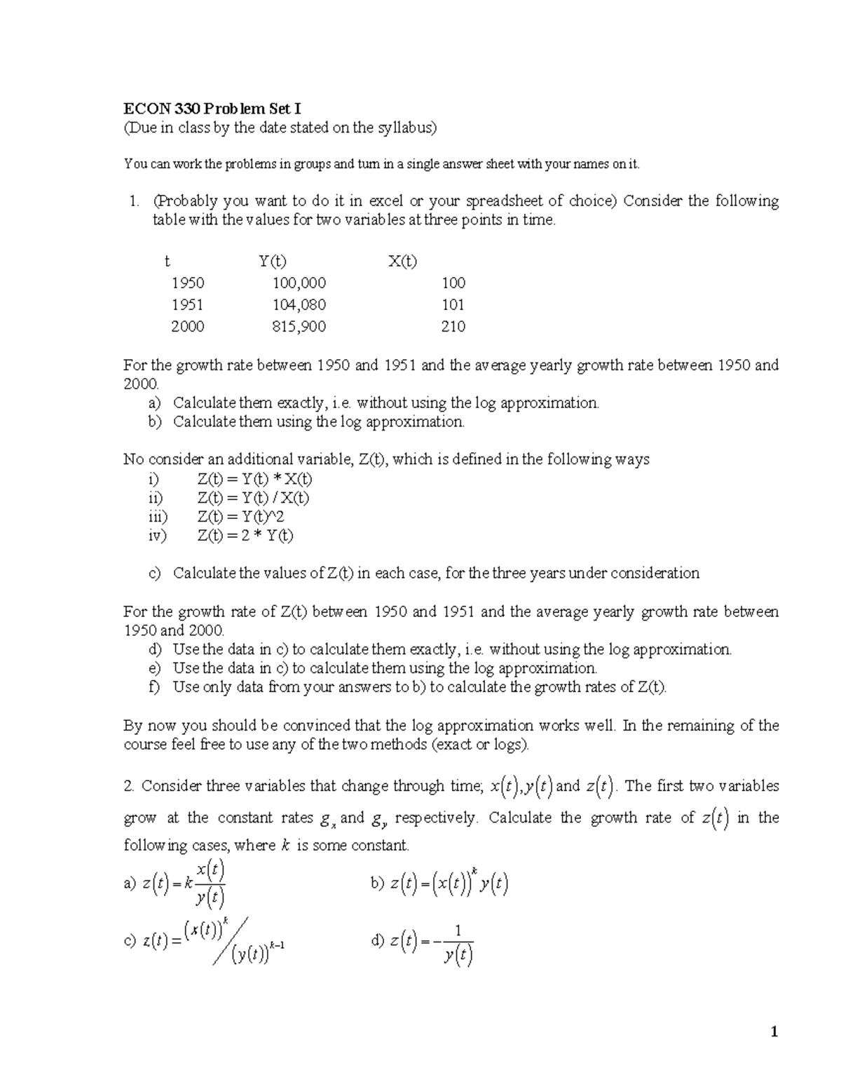 **ECON 330 HW1 - Problem Set I Analysis and Solutions** - Studocu