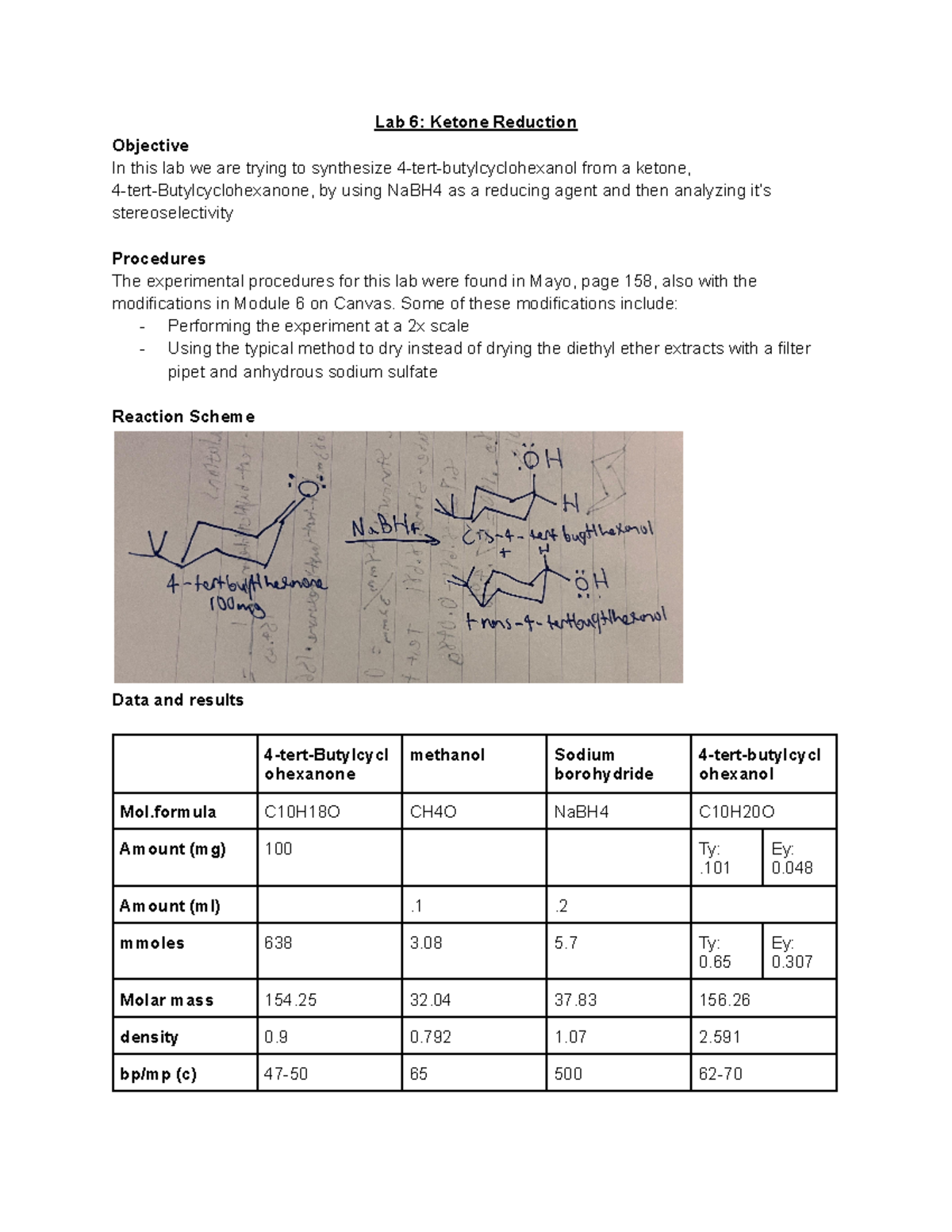 Lab 6: Ketone Reduction Synthesis & Analysis Report - Studocu