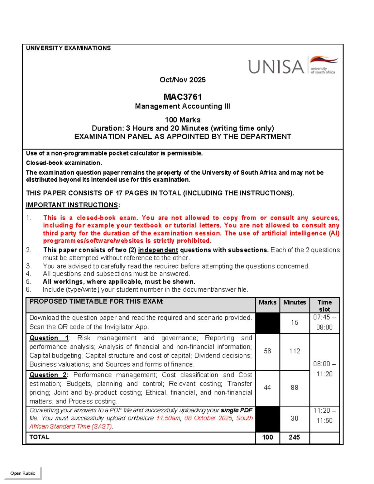 MAC3761 Exam Solutions - Management Accounting III (Oct/Nov 2025) - Studocu