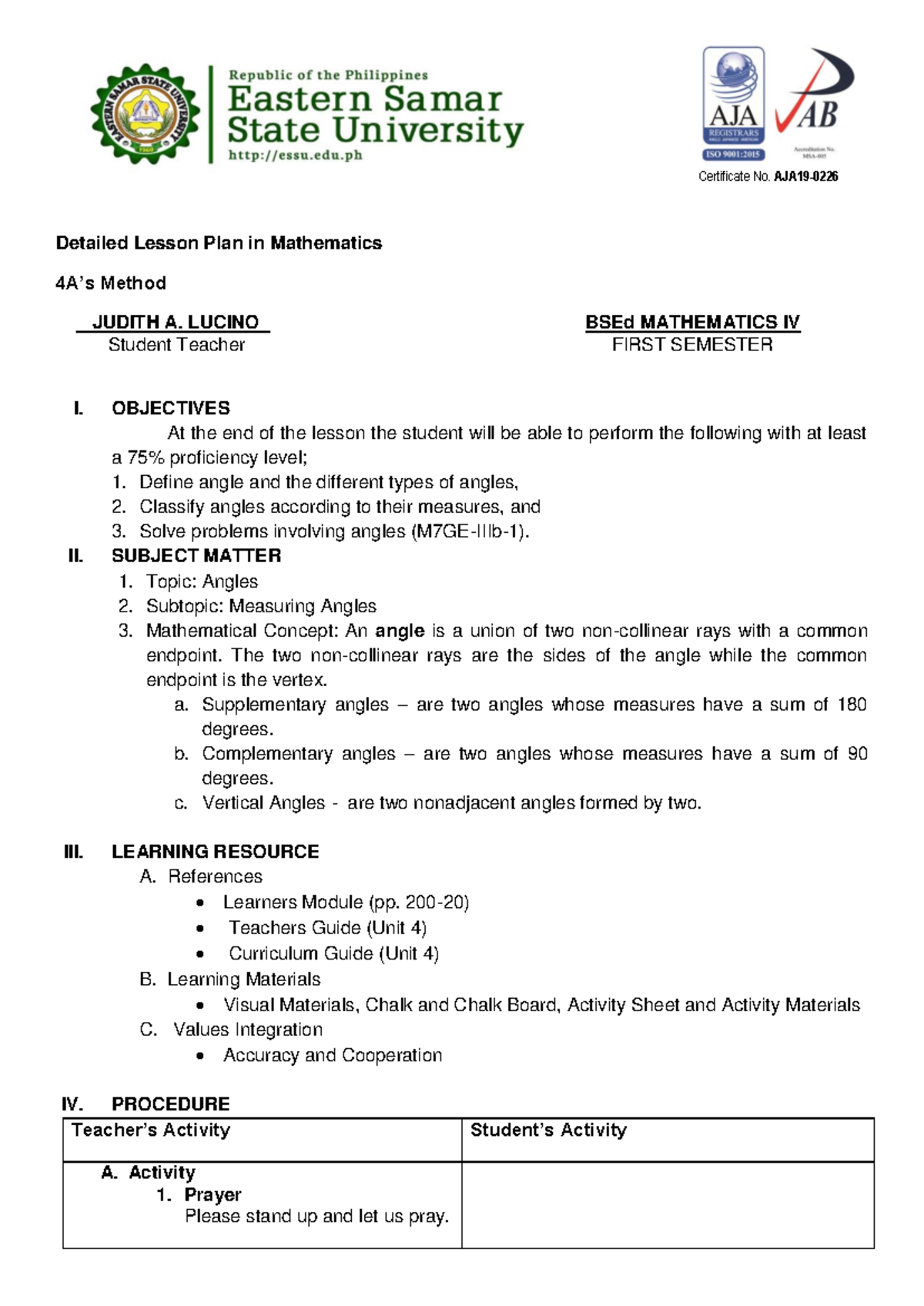 Angles 4A's Lesson Plan - Detailed Lesson Plan in Mathematics 4A’s ...
