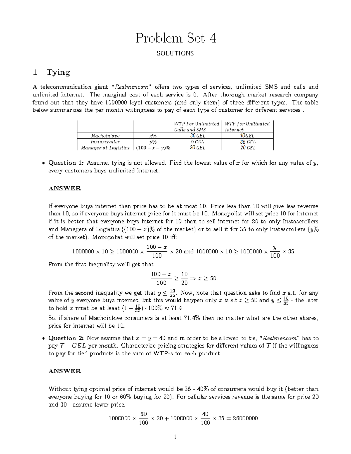 IO PS4 Problem Set 4 Solutions and Analysis of Tying Strategies - Studocu
