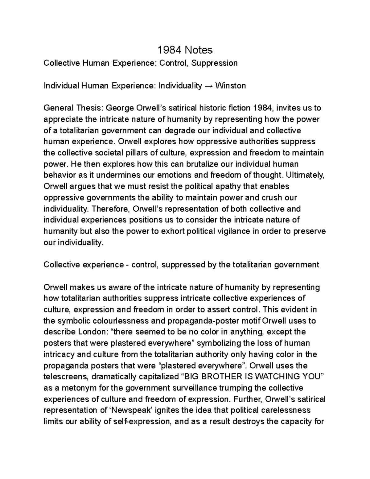 1984 Notes: Exploring Control and Individuality in Orwell's Dystopia ...