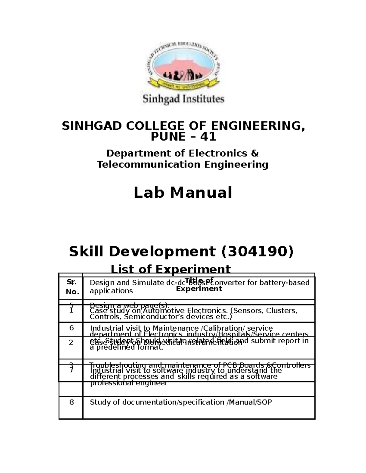 Skill Development Lab Manual (304190): Experiments Overview - Studocu