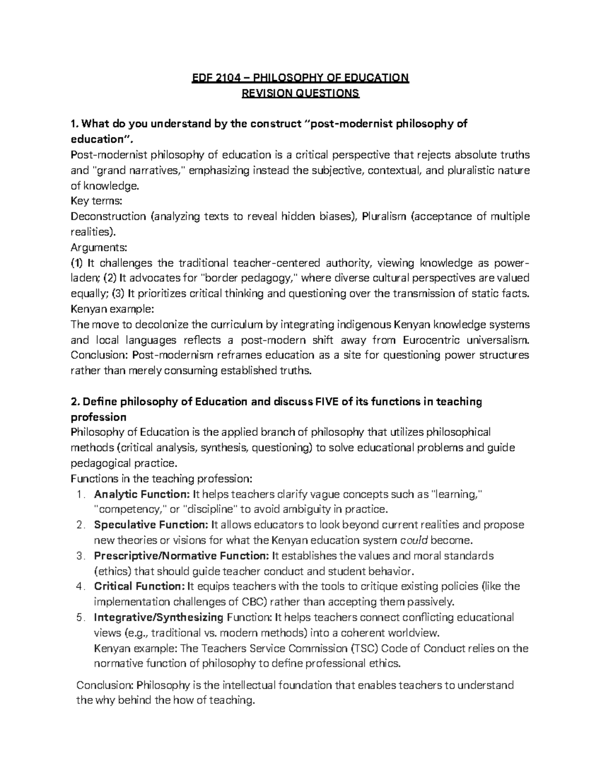 EDFO 122 PHILOSOPHY OF EDUCATION REVISION QUESTIONS 2026 - Studocu