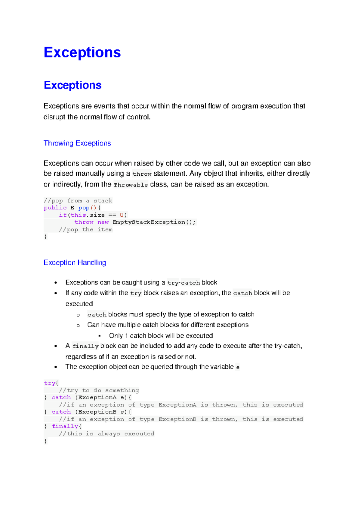 CS101 - Exceptions: Detailed Notes, Examples, and Practice Materials ...