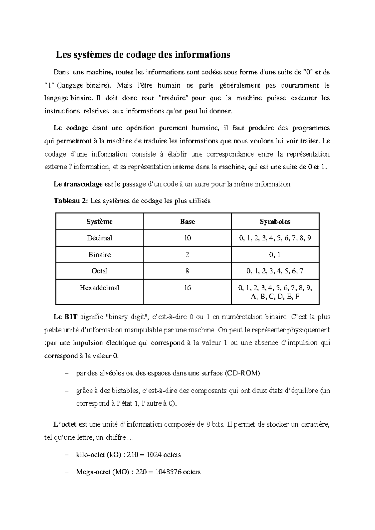 Systèmes de Codage des Informations et Conversion Numérique - Studocu