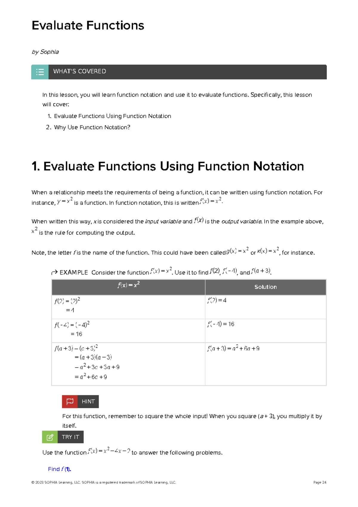 Precalculus unit-1-tutorials PDF 1 - Evaluate Functions by Sophia In ...