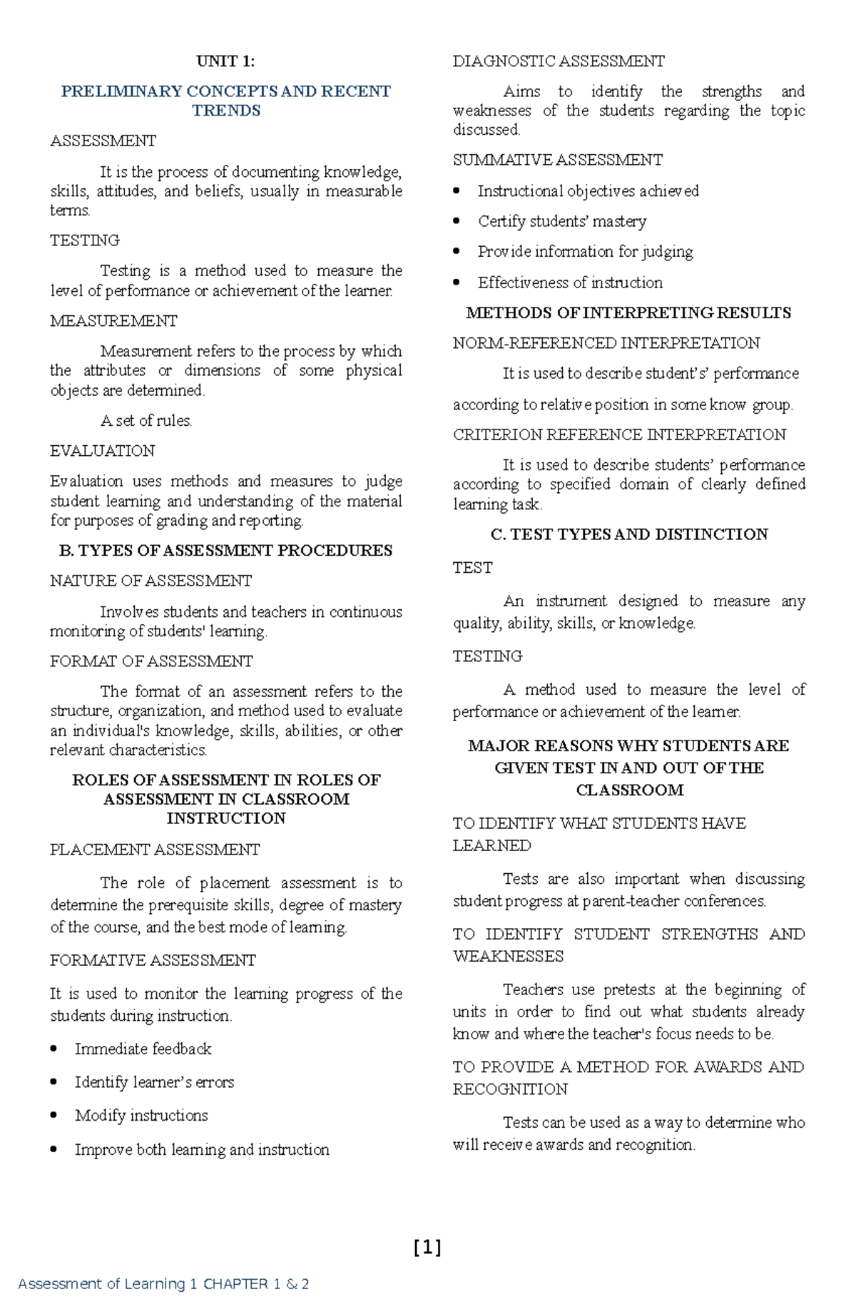 Assessment of Learning 1: Concepts, Procedures, and Types - Studocu
