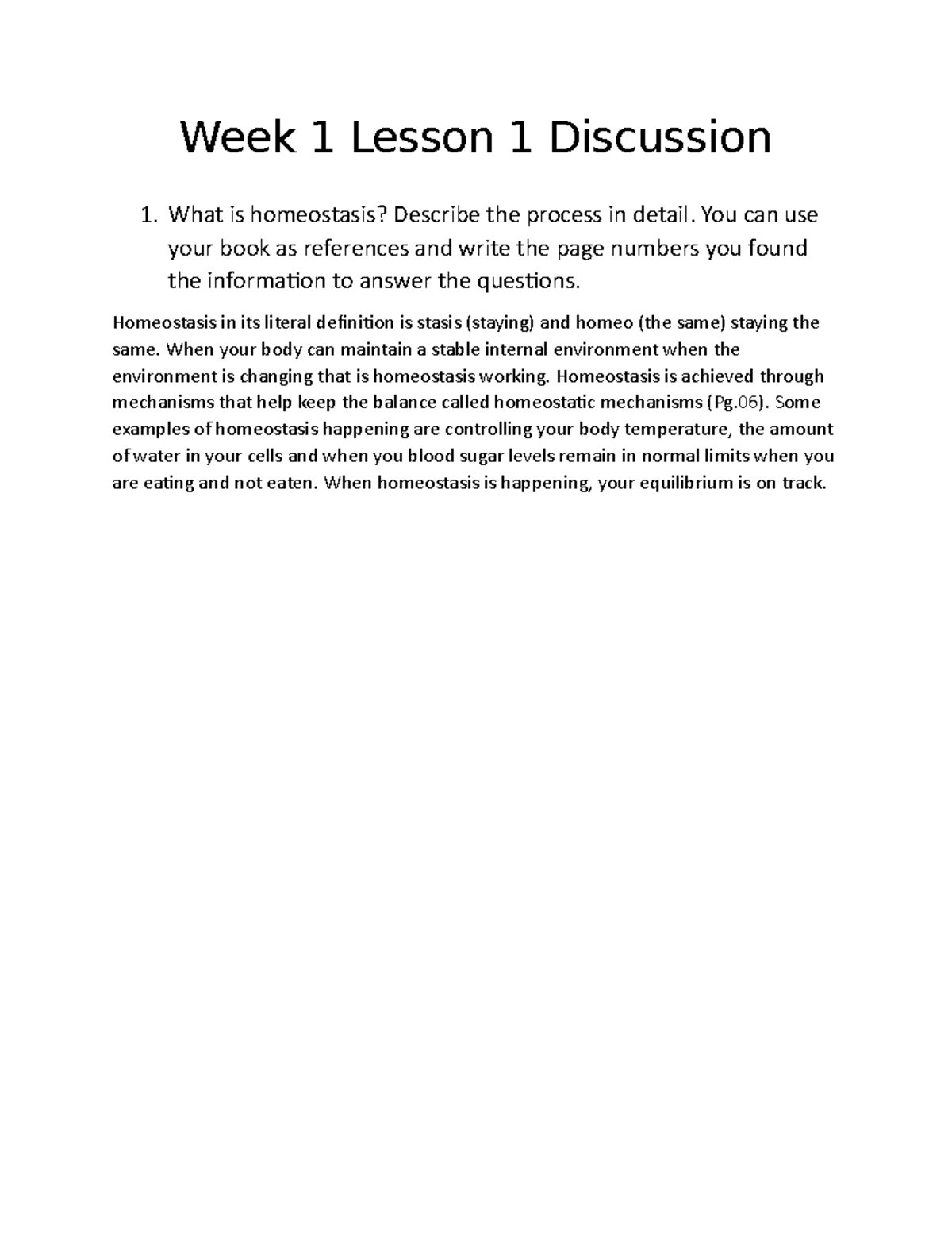 Week 1 Lesson 1: Homeostasis Mechanisms Discussion Guide - Studocu