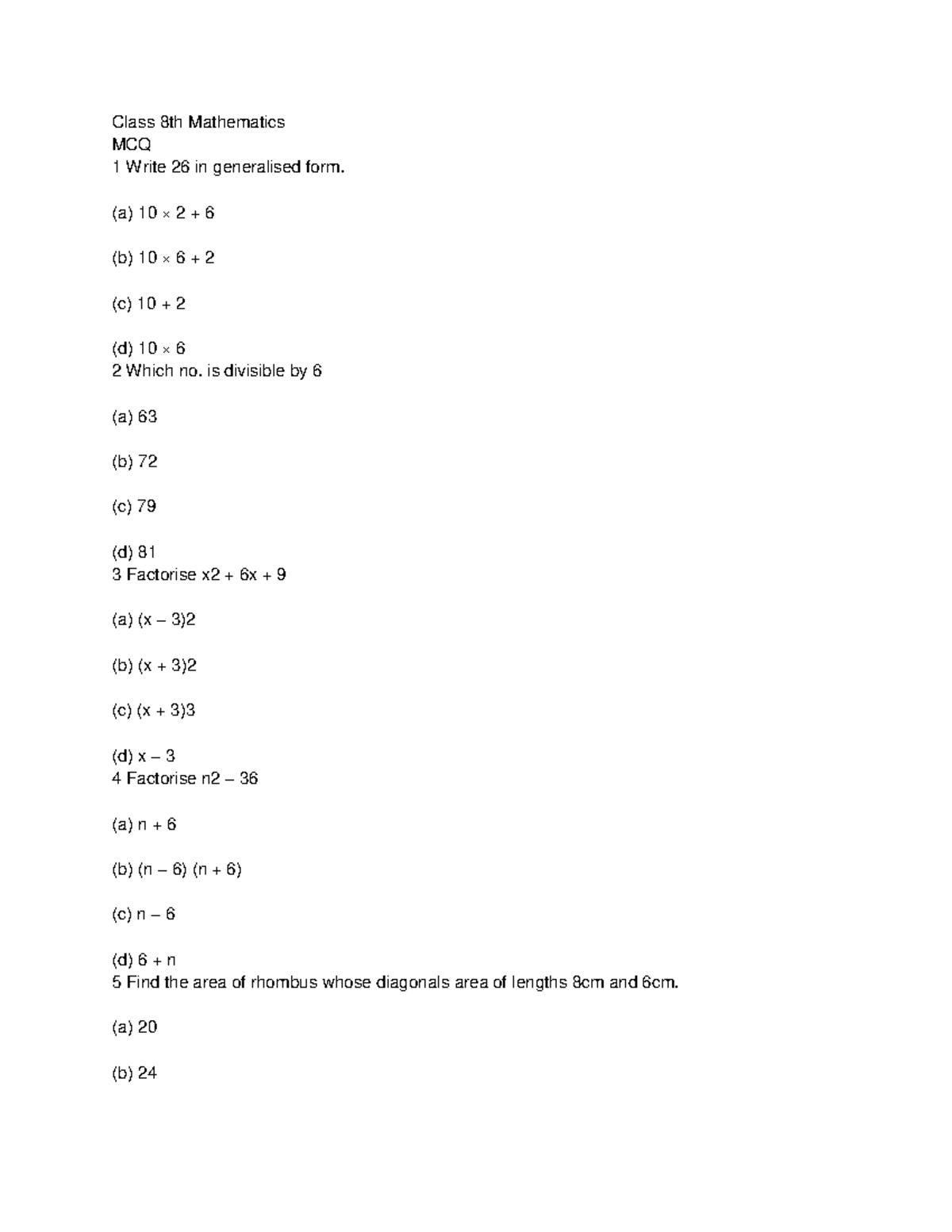 8th Mathematics MCQ practice questions and solutions - Studocu