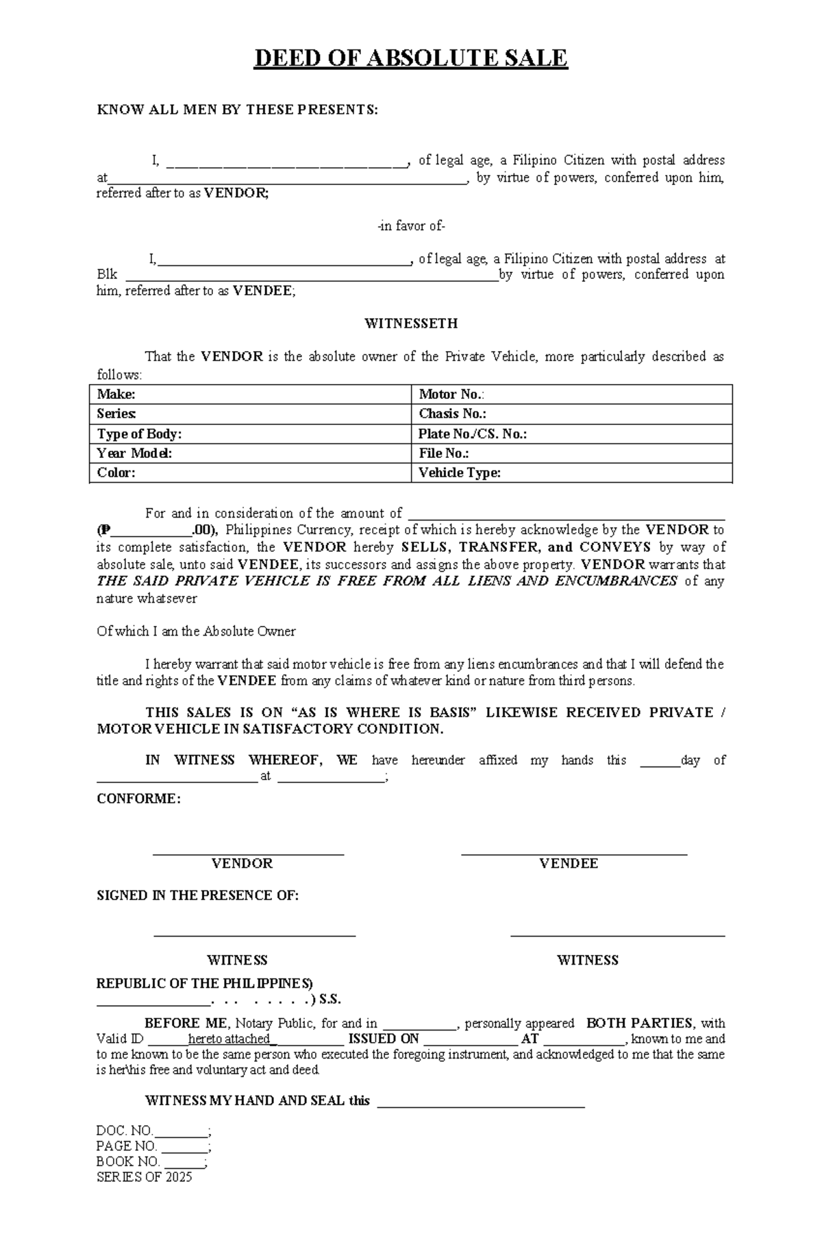 DEED OF ABSOLUTE SALE FOR PRIVATE VEHICLE - BLANK TEMPLATE - Studocu