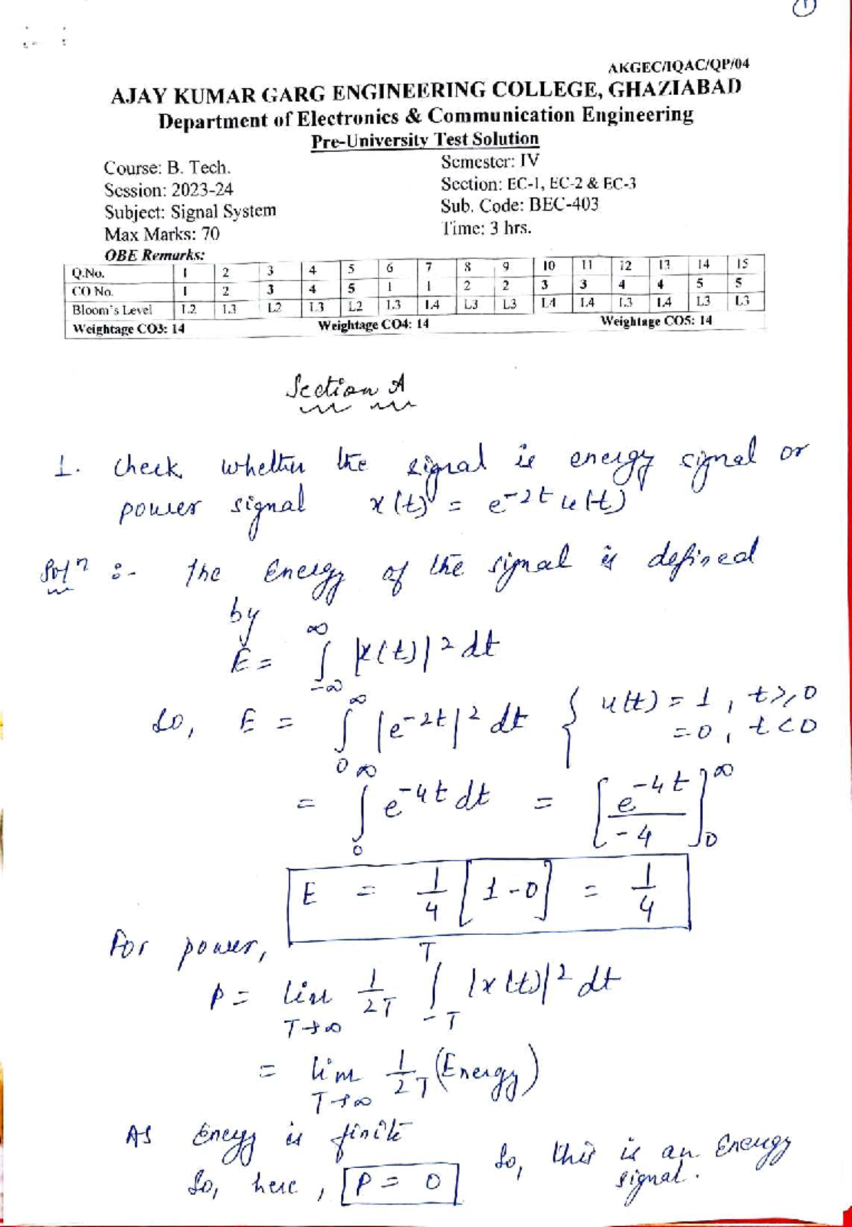 Signal System BEC-403 Test Solutions and Answers - Studocu