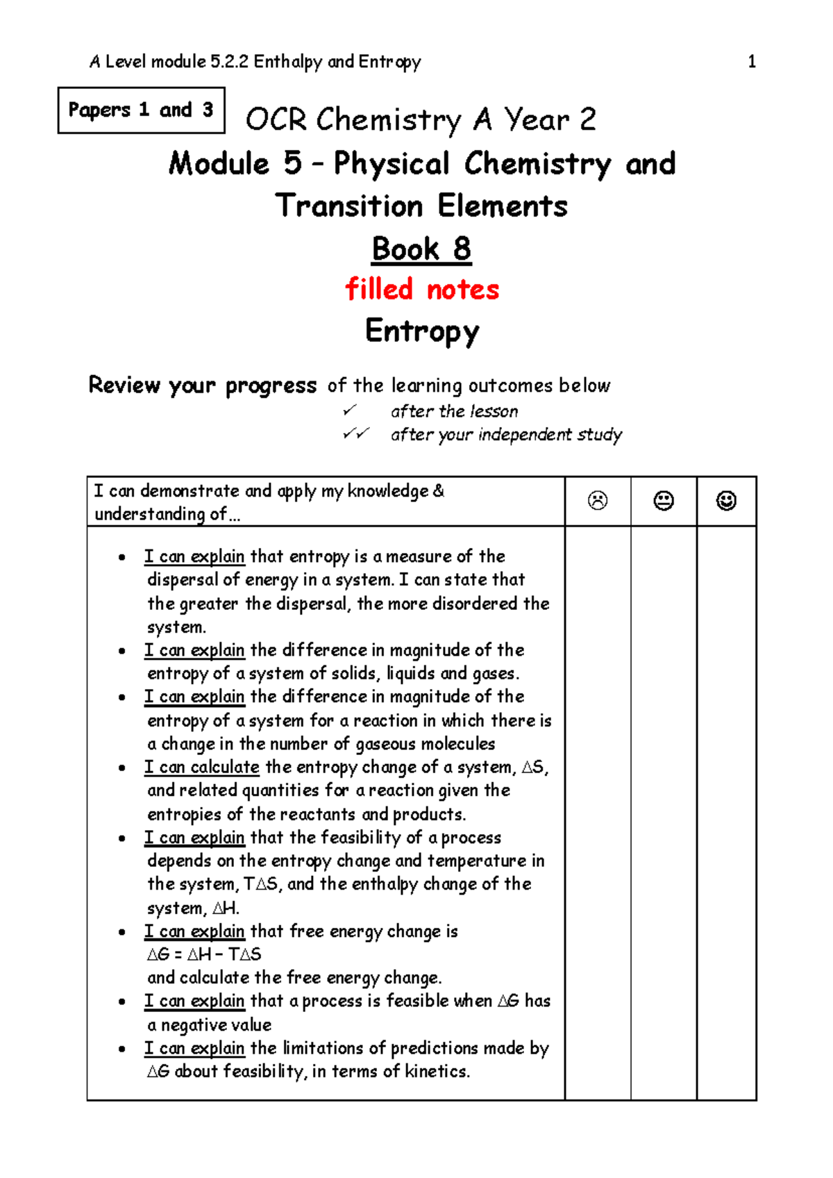 A Level Chemistry A Year 2 Module 5.2.2 Entropy and Enthalpy Notes ...