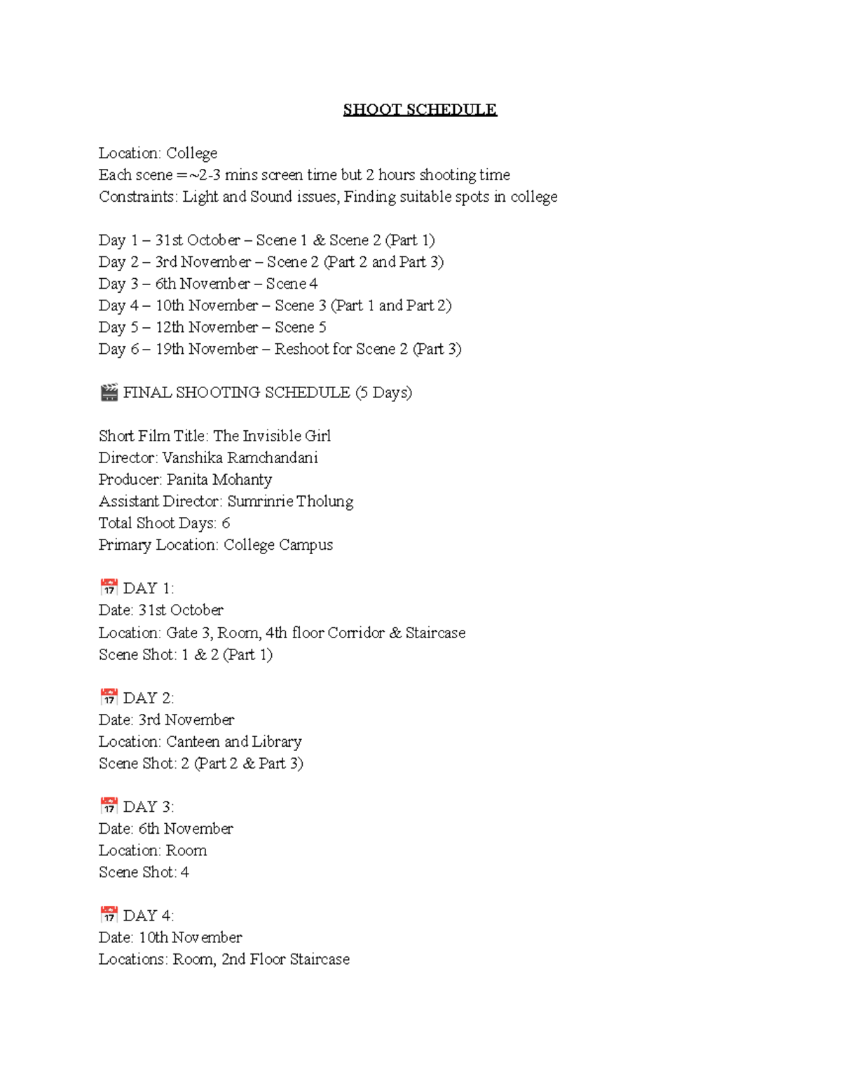 Shooting Schedule for Short Film: The Invisible Girl - Studocu
