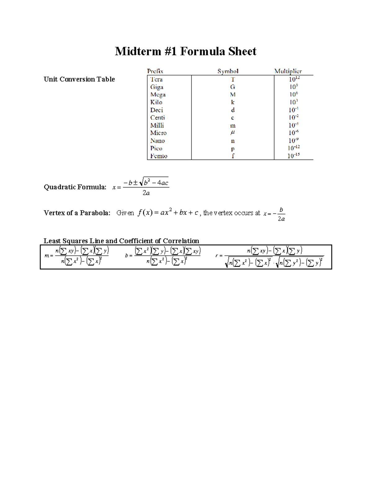 0 Midterm #1 Formula Sheet - Midterm #1 Formula Sheet Unit Conversion ...